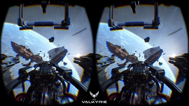 Virtual Reality sci-fi video game showing both eye views