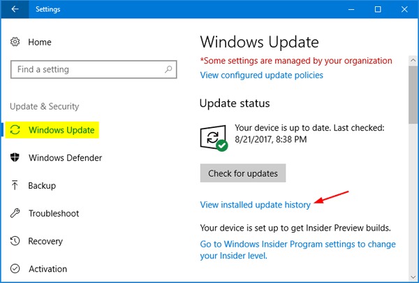 Windows Update screen with annotation showing where to click for update history.