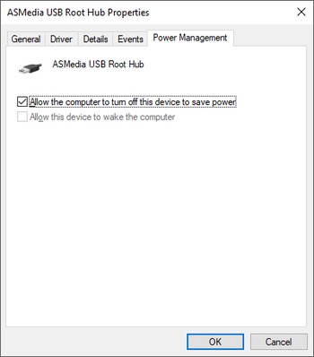 Power Management tab within device properties. "Allow the computer to turn off this device to save power" checked.