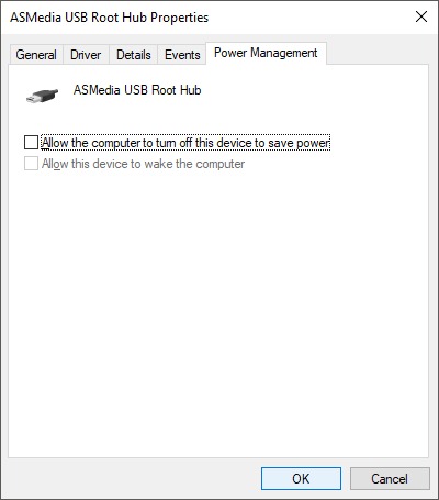 USB Root Hub properties window