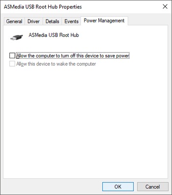 Power Management tab within device properties. "Allow the computer to turn off this device to save power" unchecked.