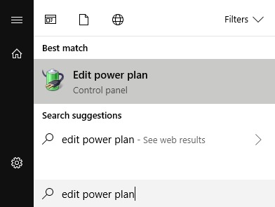Start menu search results for "Edit Power plan"