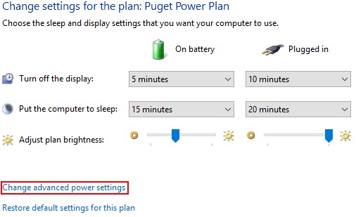 Location of "Change advanced power settings" link