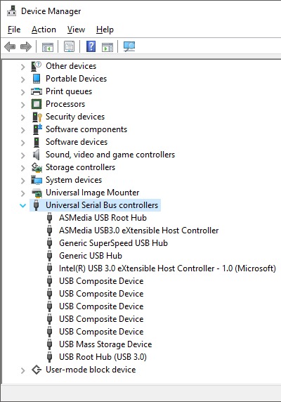Device Manager Universal Serial Bus controllers section