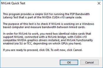 NVLinkTest.exe intro screen with basic instructions