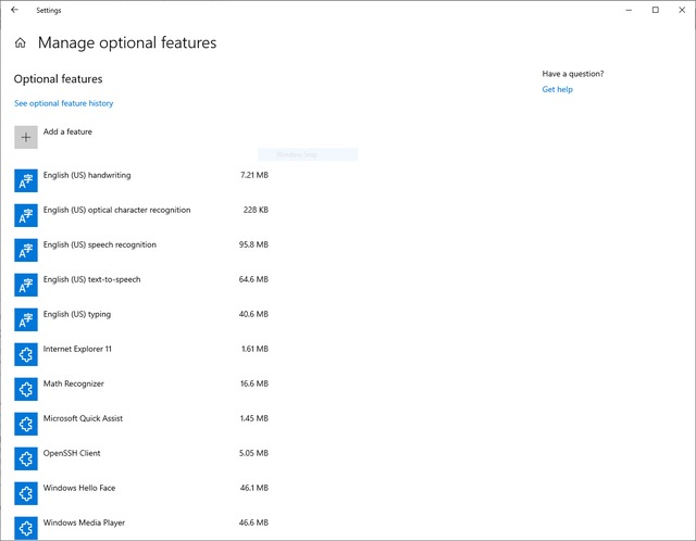 Windows 10 Manage Optional Features Control Panel