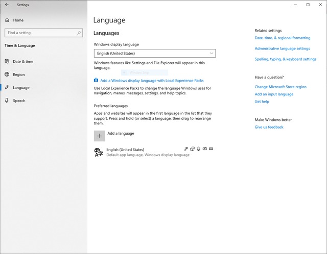Windows 10 Language Control Panel