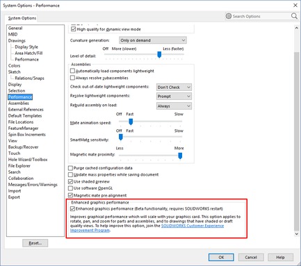 SOLIDWORKS 2019 -System Options - Performance - Enhanced Graphics Performance Mode Checkbox