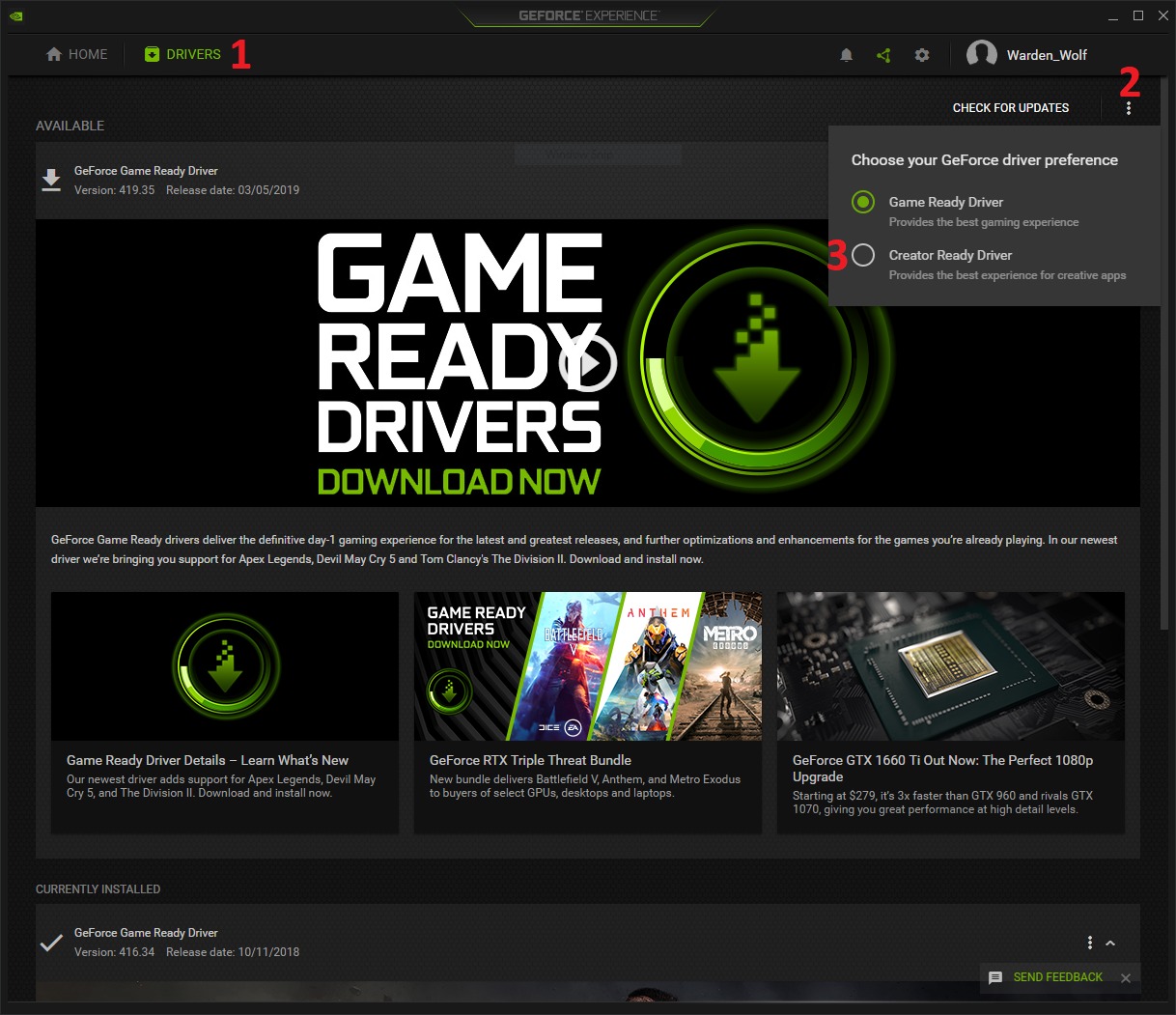 How to select NVIDIA Creator Ready Drivers for GeForce and Titan video cards in the GeForce Experience application