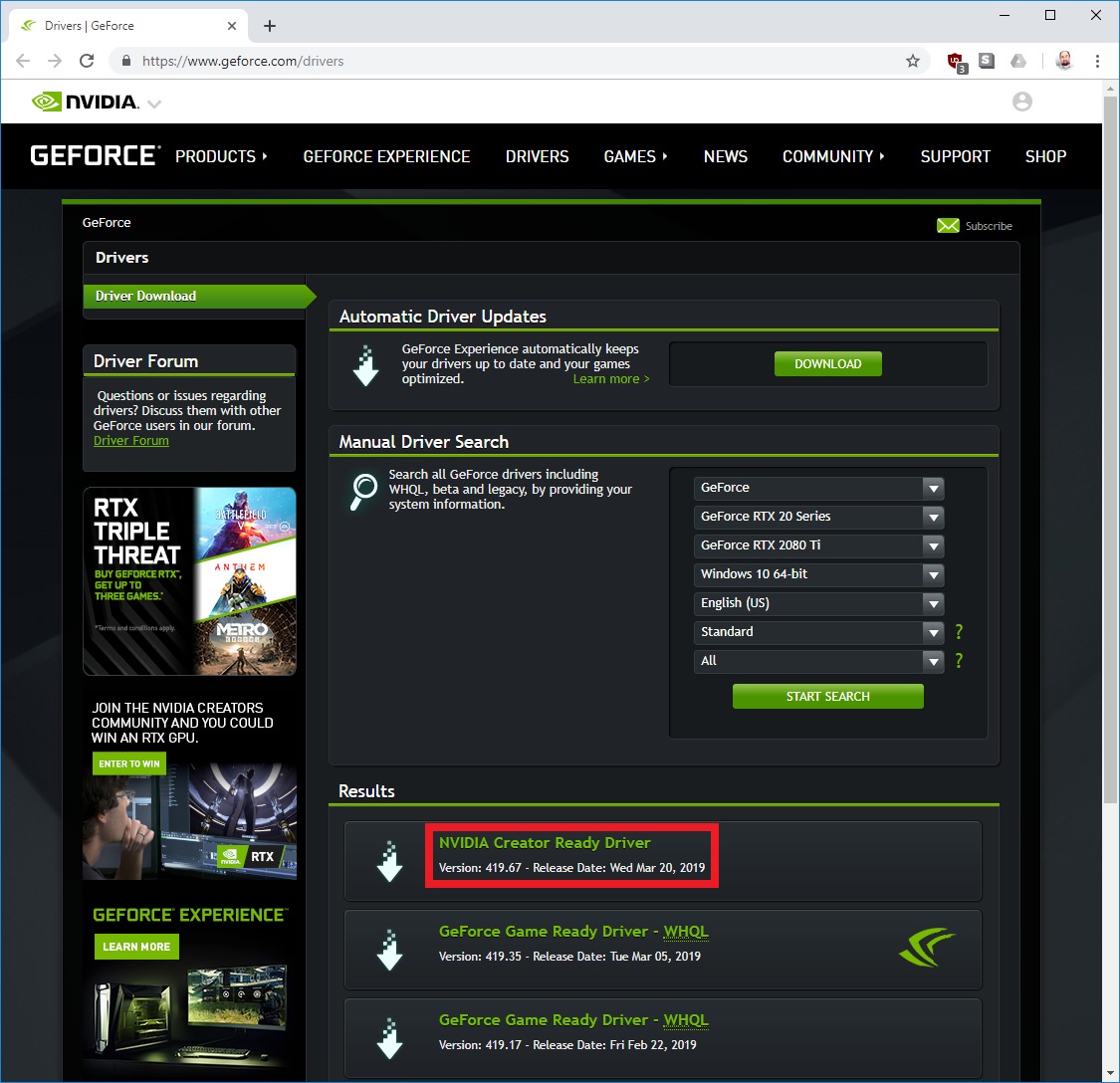 How to select NVIDIA Creator Ready Drivers for GeForce and Titan video cards on geforce.com