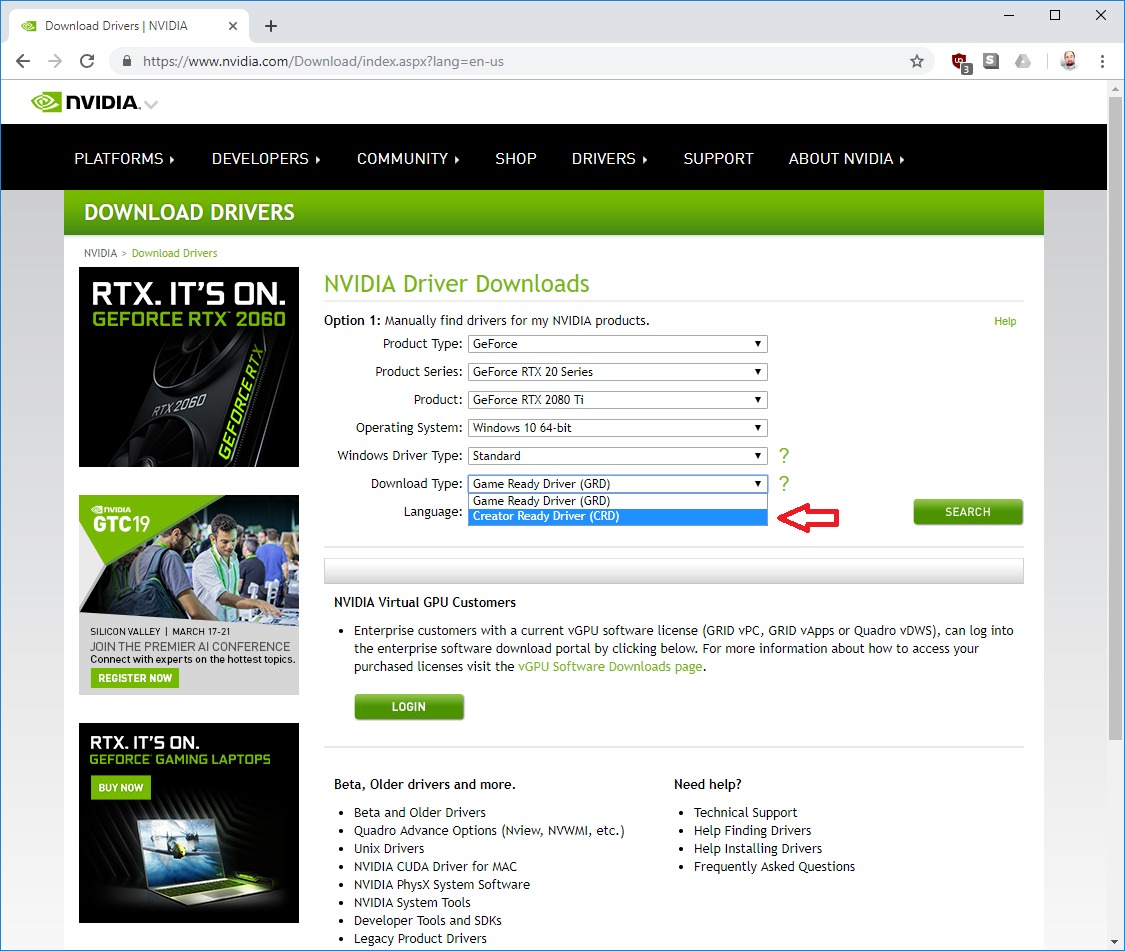 How to select NVIDIA Creator Ready Drivers for GeForce and Titan video cards on nvidia.com