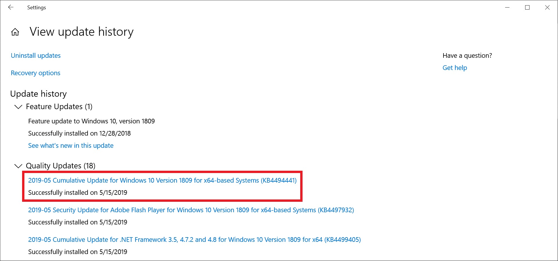 Windows Update History Showing Cumulative Update for Windows 10 KB4494441
