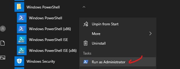 Screenshot of how to run PowerShell as admin