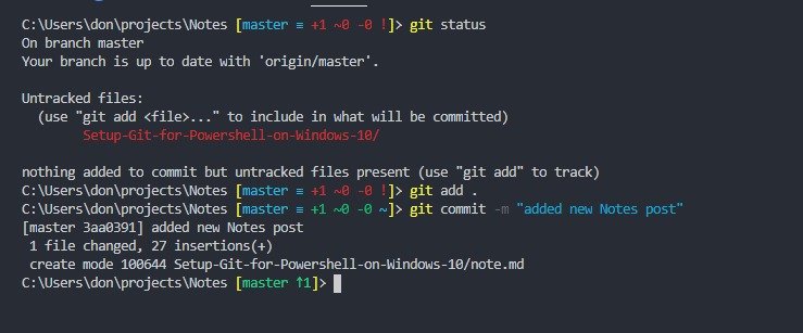 PowerShell command-line using Posh-Git prompt showing git repo status 