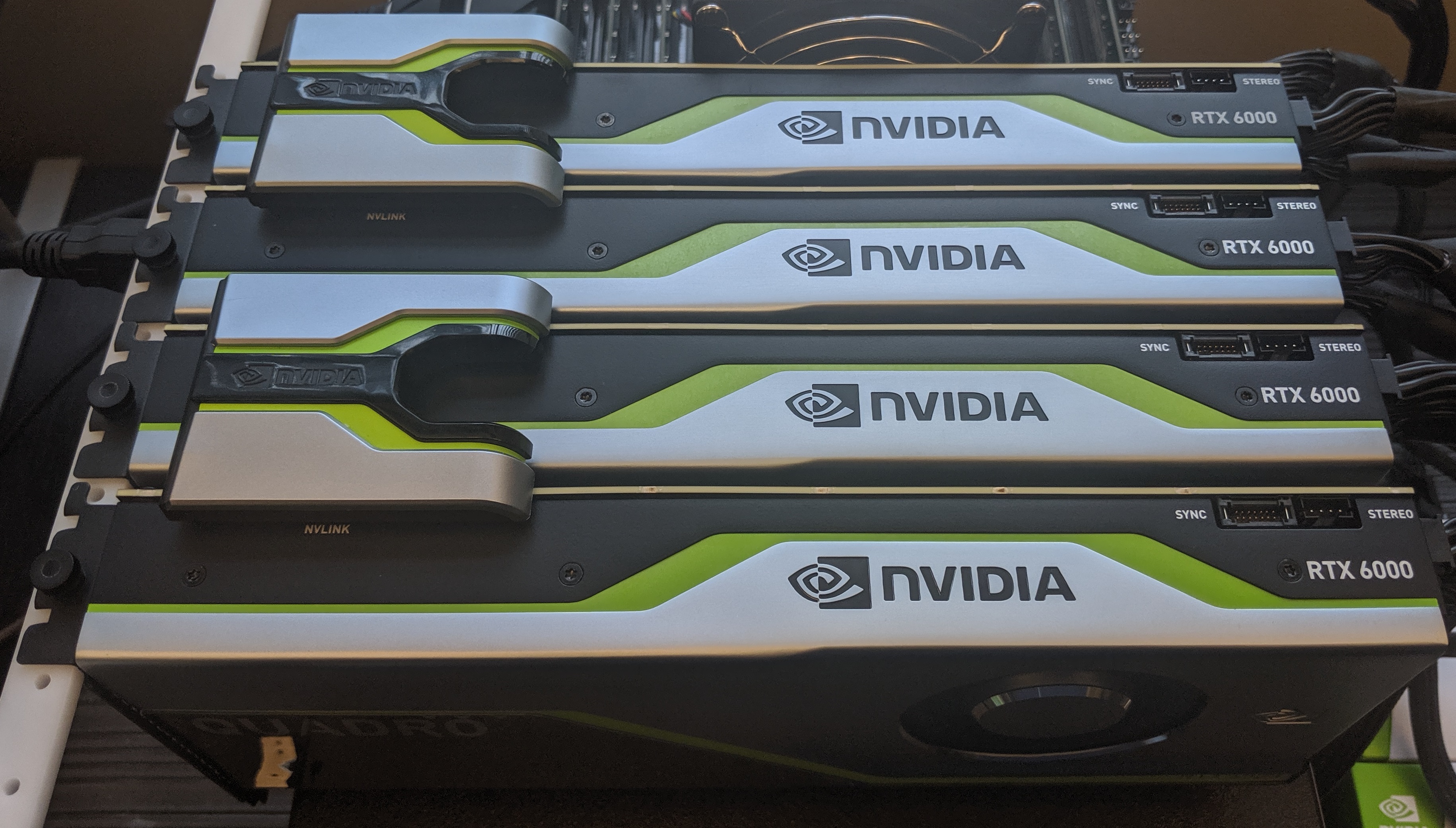 Four NVIDIA Quadro RTX 6000 video cards in two NVLink pairs