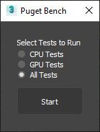 Simple UI showing three options. CPU Tests, GPU Tests, or All Tests