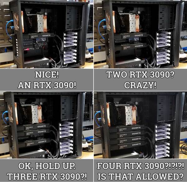 Quad RTX 3090 24GB in a desktop workstation benchmark performance power draw temperature