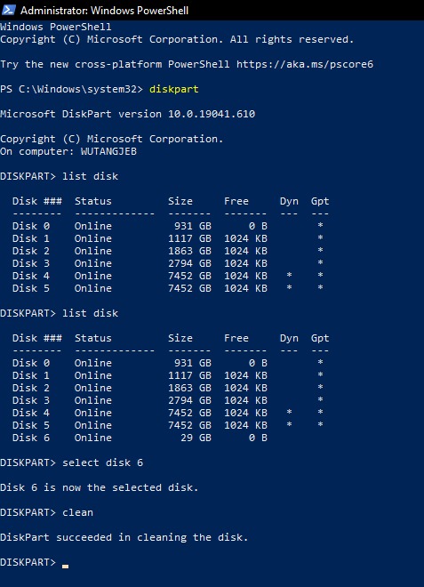 Powershell after cleaning the drive