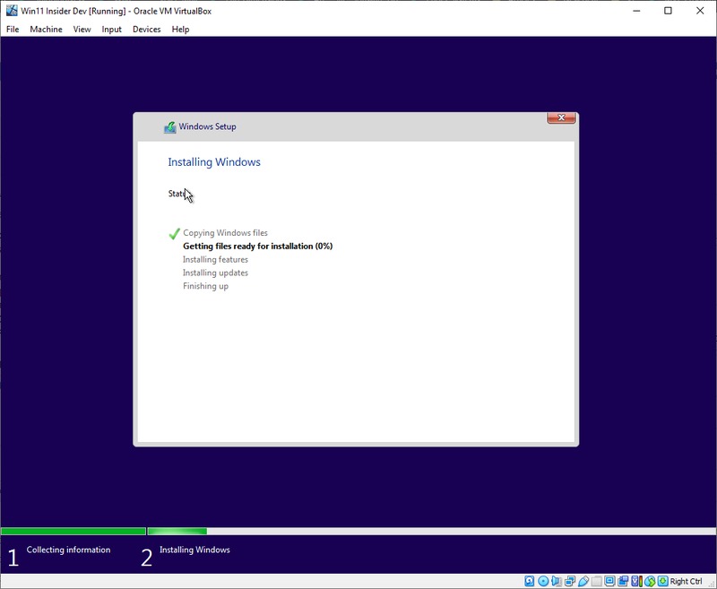 Windows Setup screen during Windows 11 installation showing install status