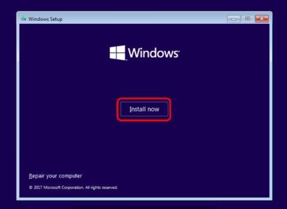 Windows Setup screen during Windows 11 installation with Install Now button