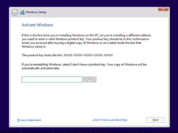 Windows Setup screen during Windows 11 installation with product key field