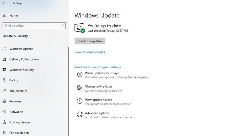 Screenshot of Windows Update showing "You're up to date"