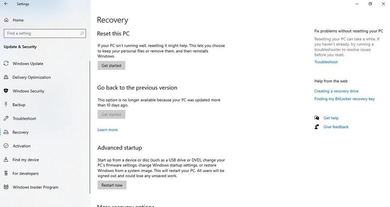Screenshot of Windows Recovery options