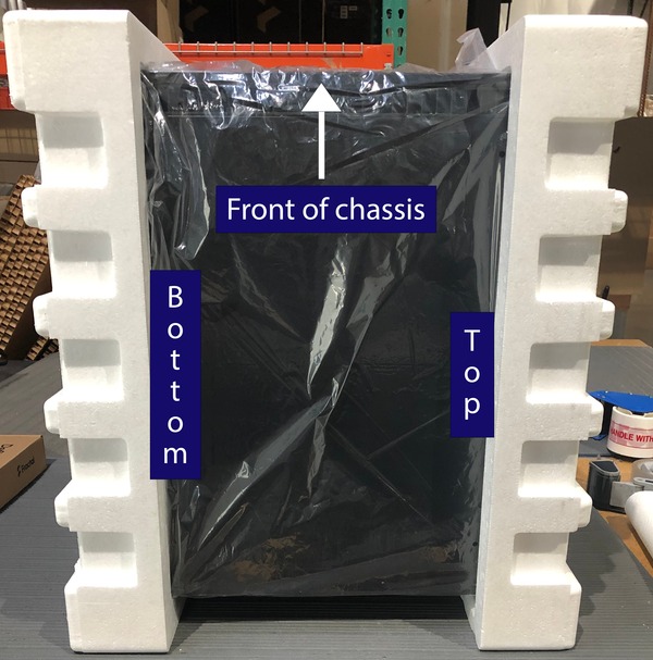 Foam inserts around the chassis covered in a plastic bag.