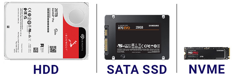 Types of local storage drives - HDD, SATA SSD, NVMe