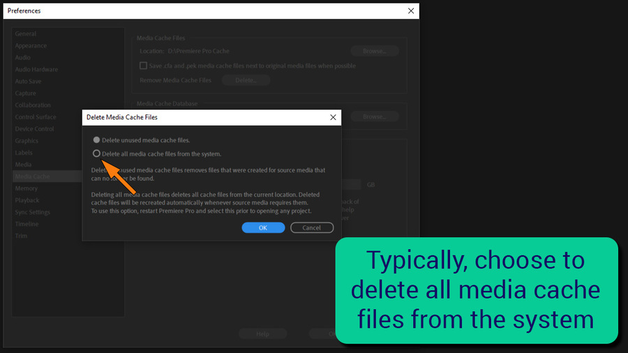 Choose to either delete unused or all media cache files