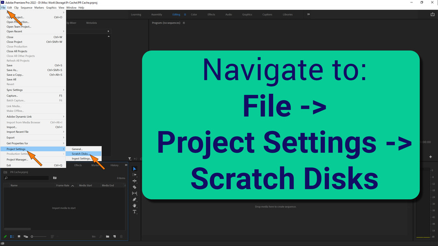 Navigate to the scratch disk settings via file, project settings, scratch disks