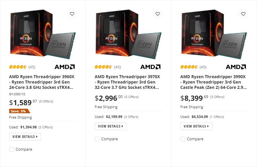 Screenshot of AMD Threadripper 3000 Series Processors For Sale on Newegg