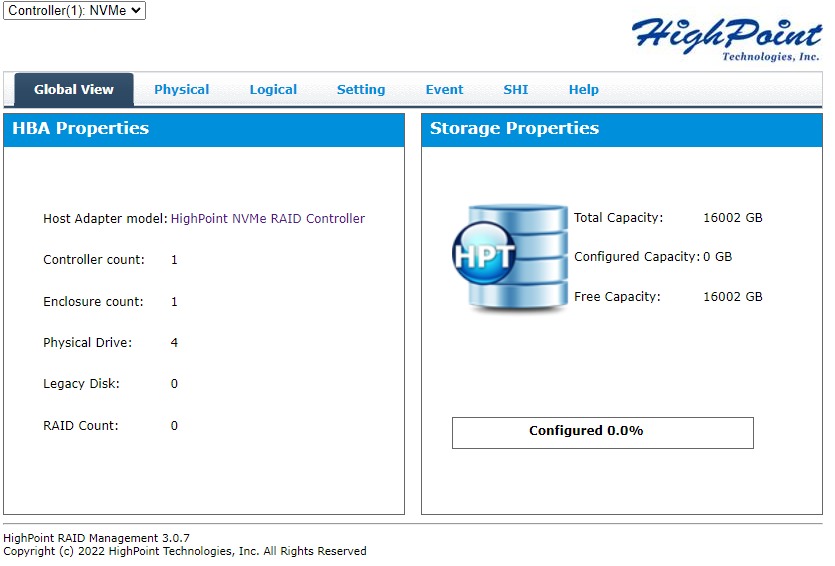 Global view of the Highpoint RAID Management Software