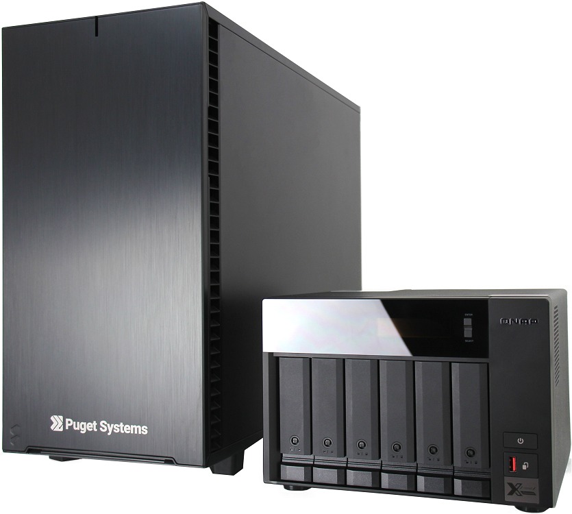 QNAP 6-bay NAS next to a Puget Systems workstation