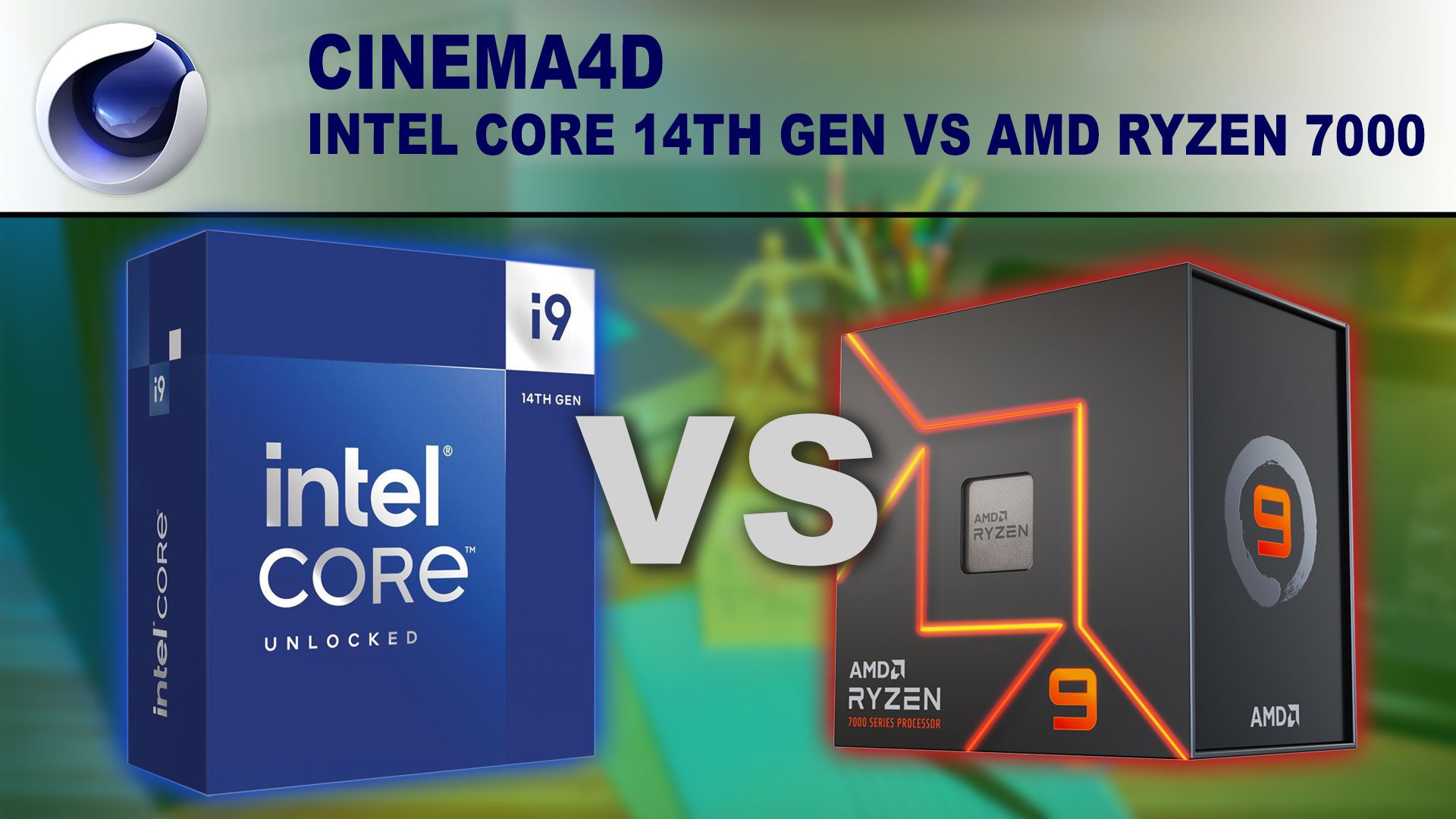 Decorative Image: Intel Core i9-14900K box and AMD Ryzen 9 7950X box on a green background with the words "VS" between them and the title "Cinema 4D" above them.