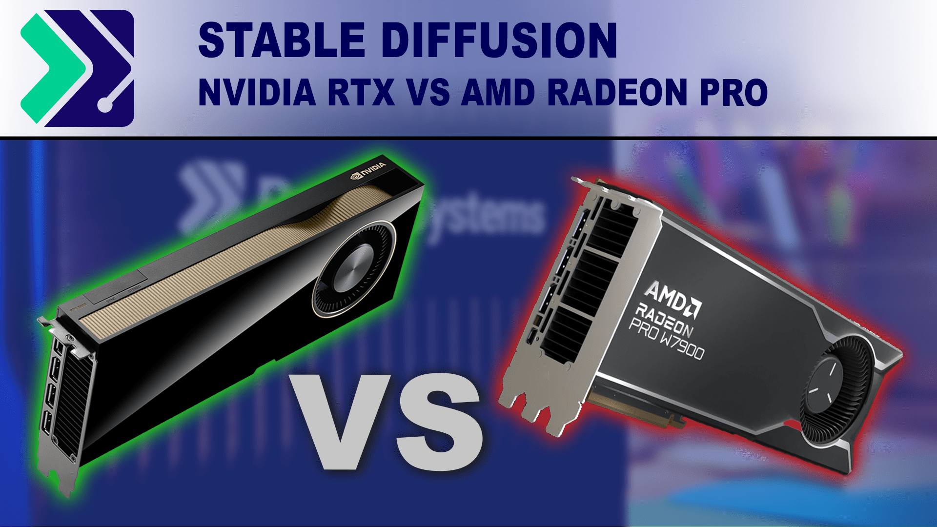 NVIDIA RTX A6000 and AMD Radeon PRO W7900 on a blue background with a "vs" between them.