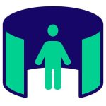 Blue and green icon representing a person standing in a wrap around virtual production set
