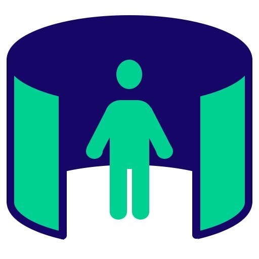 Blue and green icon representing a person standing in a wrap around virtual production set