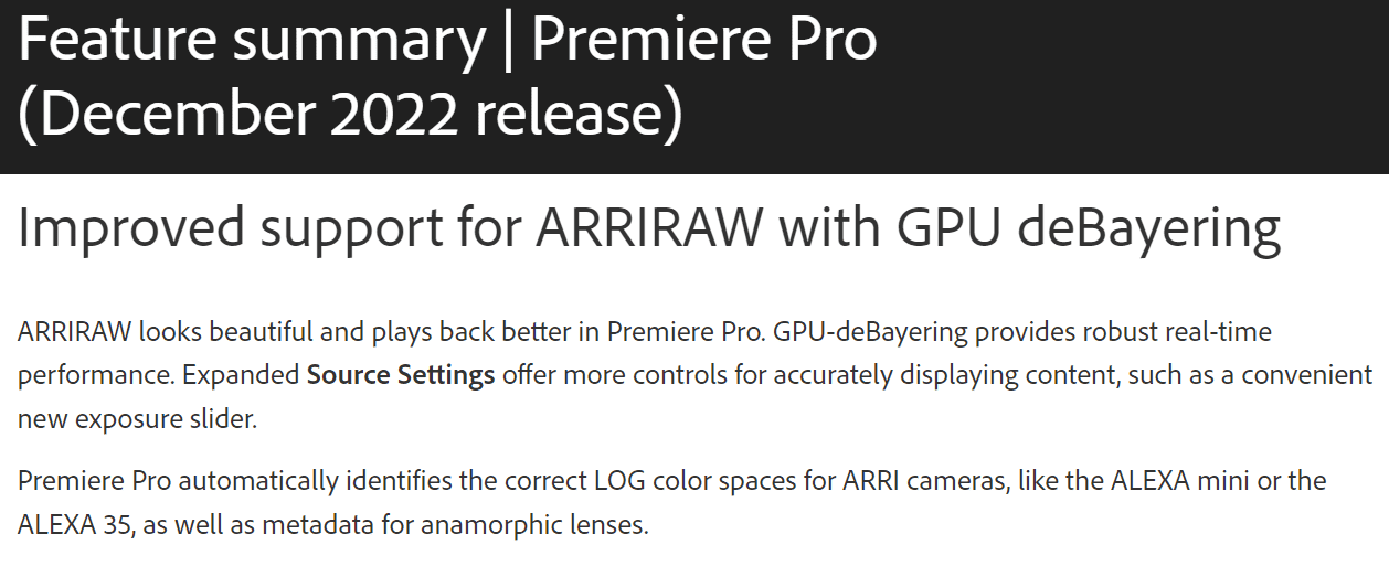 Premiere Pro 23.1 ARRIRAW GPU Debayering Update Notes