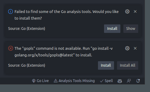 Go vscode extension missing tools install prompt image 