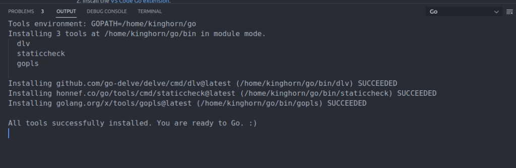 Go tools install output in vscode
