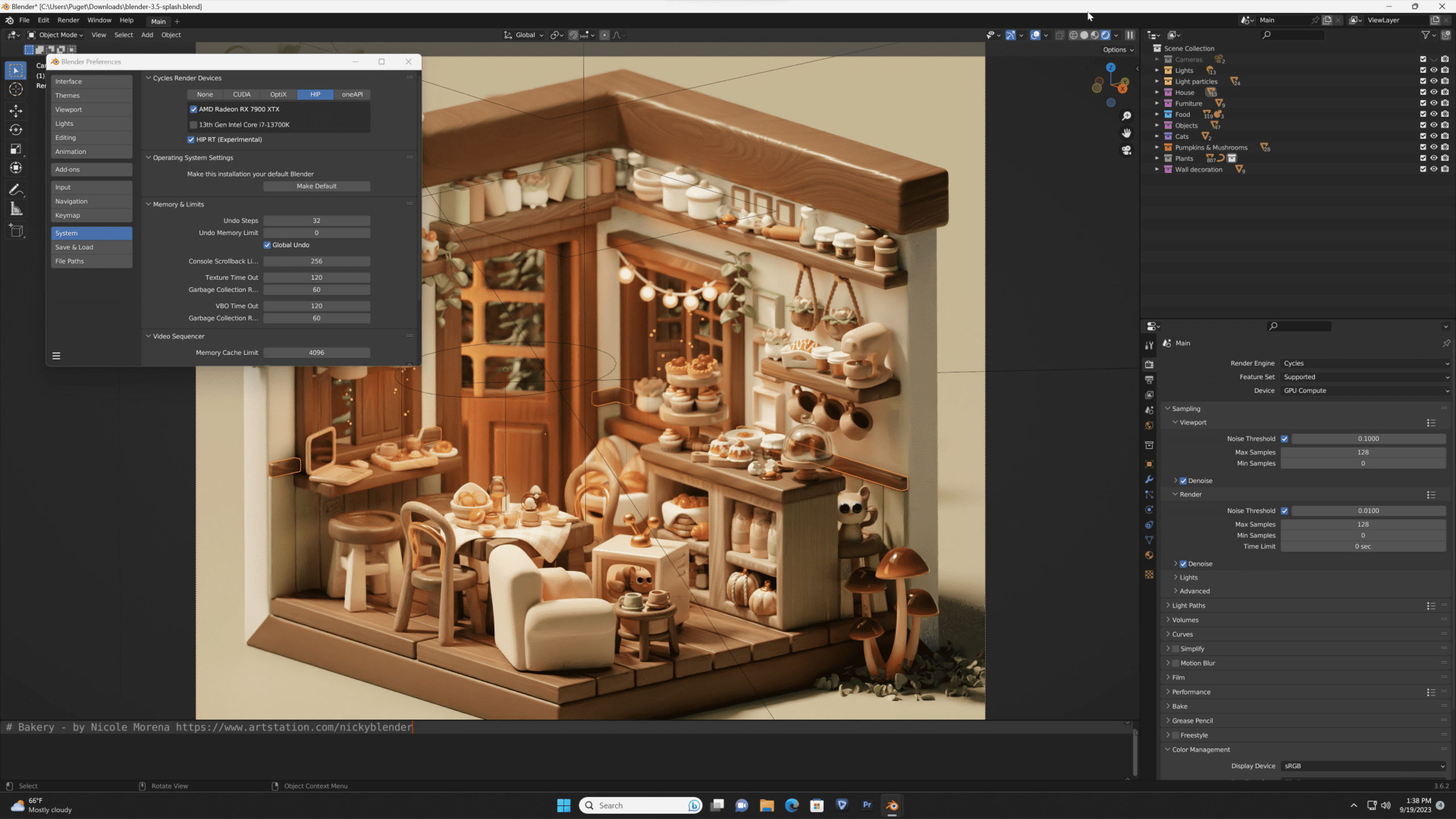 screenshot of Blender 3.6 showing the ability to enable hardware ray tracing on AMD GPUs.