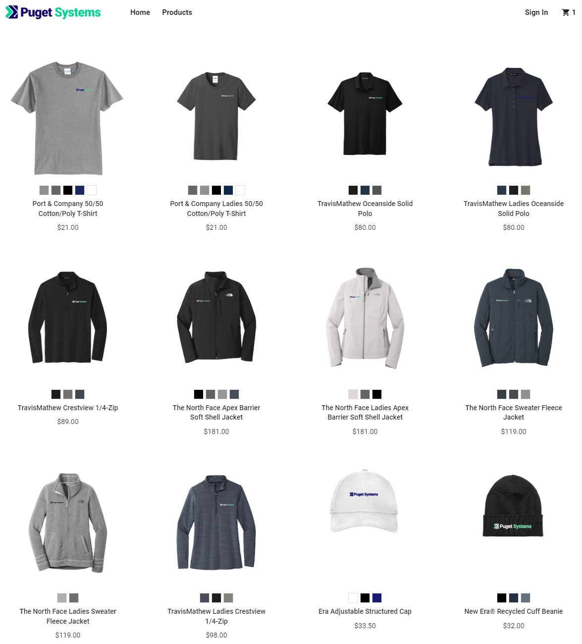 Screenshot of Puget Systems Merch Store Hosted by NW Custom Apparel