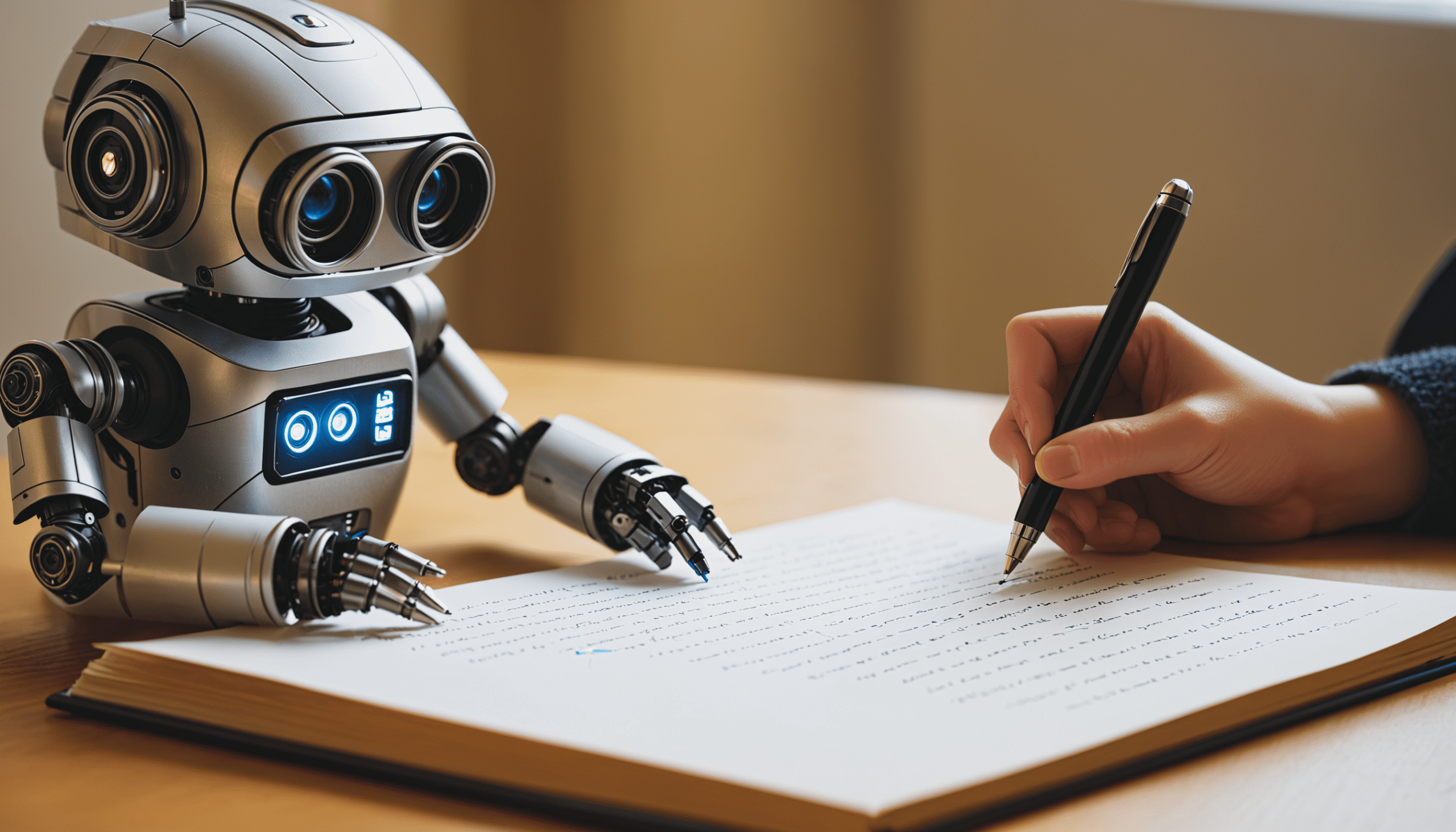AI generated image of an AI robot assisting someone in writing